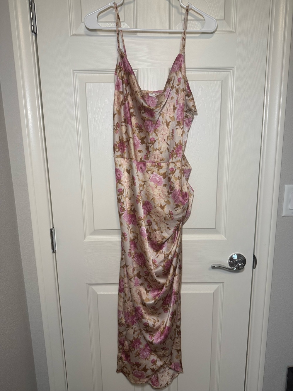 Floral Satin Slip Dress in Pink and Cream